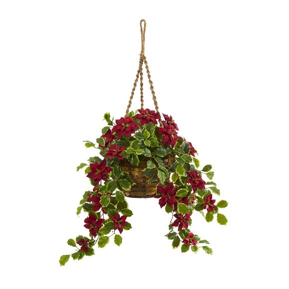 3.5 Poinsettia and Variegated Holly Artificial Plant in Hanging Basket Real Touch - SKU #P1338