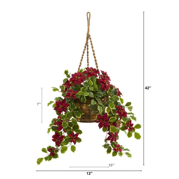 3.5 Poinsettia and Variegated Holly Artificial Plant in Hanging Basket Real Touch - SKU #P1338 - 1