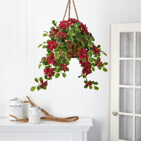 3.5 Poinsettia and Variegated Holly Artificial Plant in Hanging Basket Real Touch - SKU #P1338 - 2