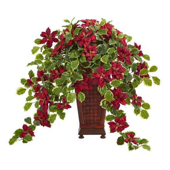 25 Poinsettia and Variegated Holly Artificial Plant in Planter Real Touch - SKU #P1339