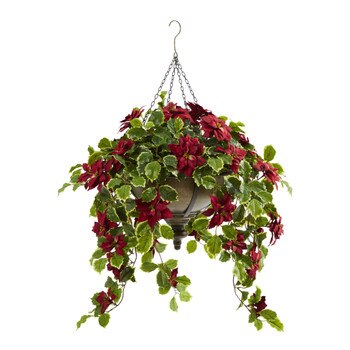 3 Poinsettia and Variegated Holly Artificial Plant in Metal Hanging Bowl Real Touch - SKU #P1342