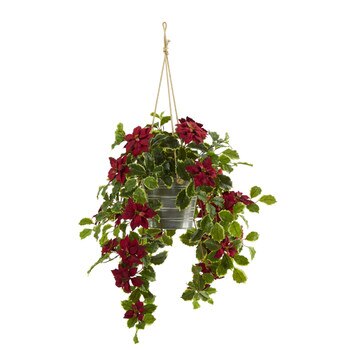 3.5 Poinsettia and Variegated Holly Artificial Plant in Hanging Metal Bucket Real Touch - SKU #P1344