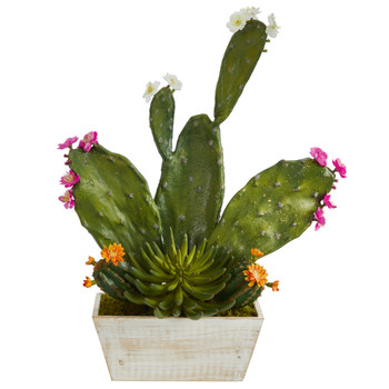 24 Mixed Cactus Succulent Artificial Plant in White Wash Planter - SKU #P1350