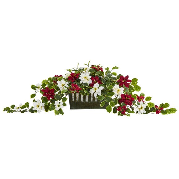 39 Poinsettia and Variegated Holly Artificial Plant in Decorative Planter Real Touch - SKU #P1354