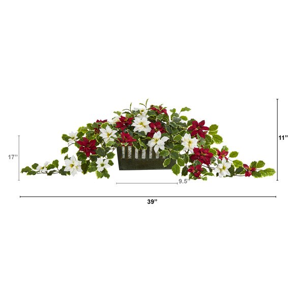 39 Poinsettia and Variegated Holly Artificial Plant in Decorative Planter Real Touch - SKU #P1354 - 1