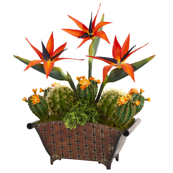 21 Bird of Paradise and Cactus Artificial Plant in Metal Planter - SKU #P1356