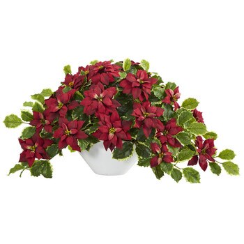 20 Poinsettia and Variegated Holly Artificial Plant in Oval White Planter Real Touch - SKU #P1360