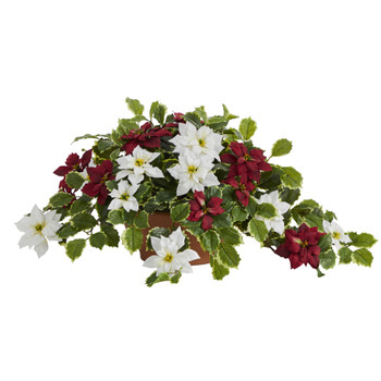 26 Poinsettia and Variegated Holly Artificial Plant in Terra-Cotta Planter Real Touch - SKU #P1361