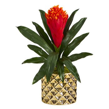 15 Bromeliad Artificial Plant in Gold Planter - SKU #P1365