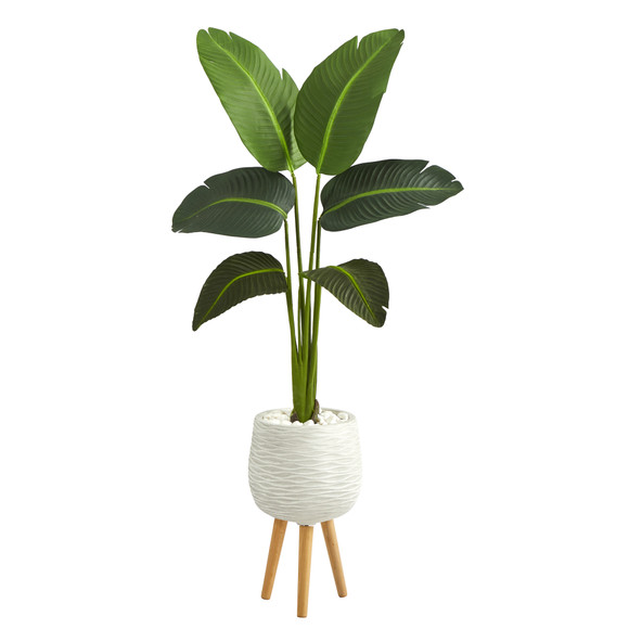 5 Travelers Palm Artificial Plant in White Planter with Stand Real Touch - SKU #P1397