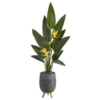 50 Bird of Paradise Artificial Plant in Gray Planter with Stand Real Touch - SKU #P1402