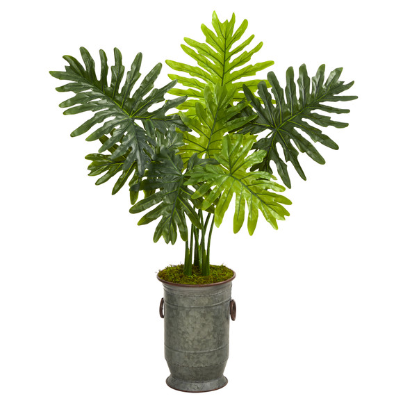 3.5 Philodendron Artificial Plant in Vintage Metal Planter Real Touch - SKU #P1414