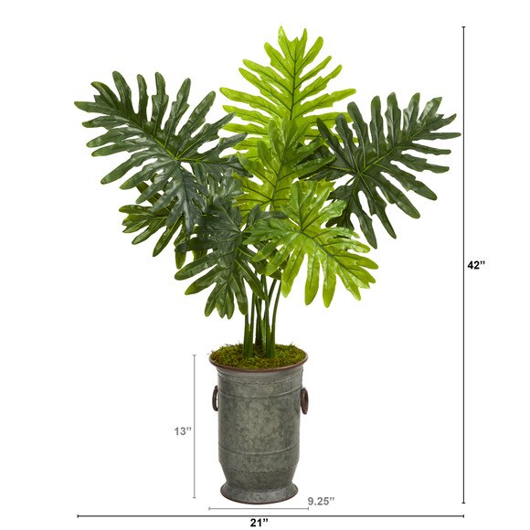 3.5 Philodendron Artificial Plant in Vintage Metal Planter Real Touch - SKU #P1414 - 1