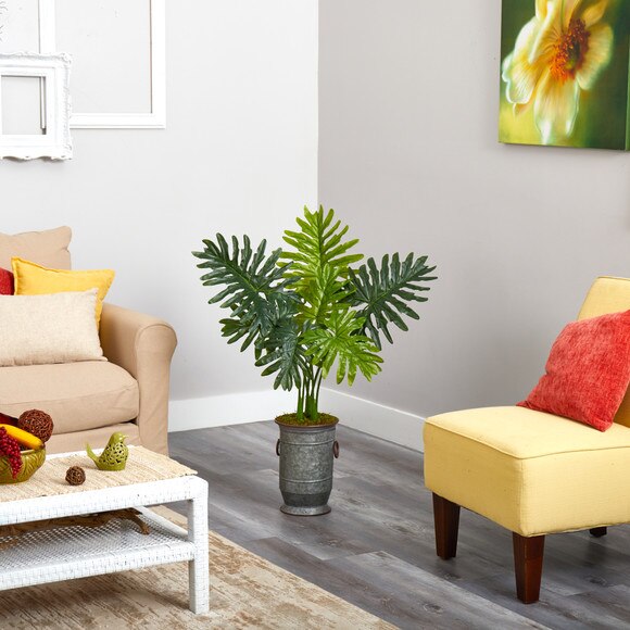 3.5 Philodendron Artificial Plant in Vintage Metal Planter Real Touch - SKU #P1414 - 2