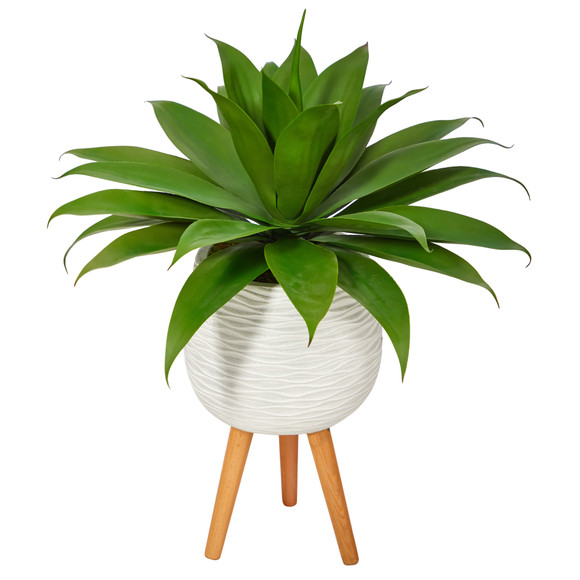 33 Agave Succulent Artificial Plant in White Planter with Stand - SKU #P1425