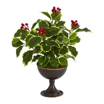 15 Variegated Holly Artificial Plant in Metal Chalice Real Touch - SKU #P1487