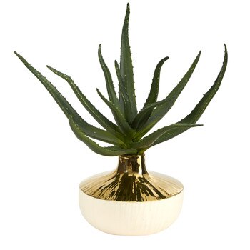 12 Aloe Succulent Artificial Plant in Gold and Cream Elegant Planter - SKU #P1527