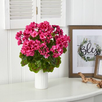18 Geranium Artificial Plant in White Planter UV Resistant Indoor/Outdoor - SKU #P1531-BU