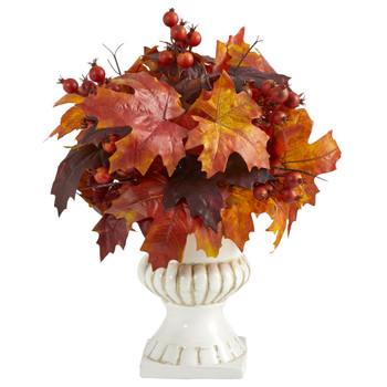 20 Autumn Maple Leaf and Berries Artificial Plant in White Urn - SKU #P1543