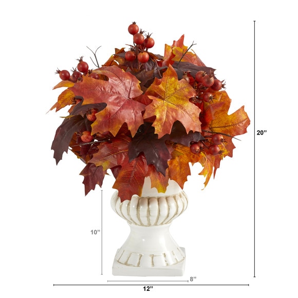 20 Autumn Maple Leaf and Berries Artificial Plant in White Urn - SKU #P1543 - 1