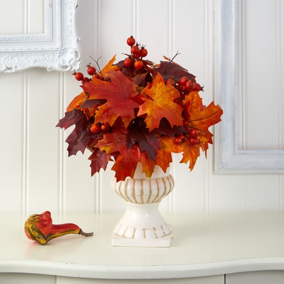 20 Autumn Maple Leaf and Berries Artificial Plant in White Urn - SKU #P1543 - 2