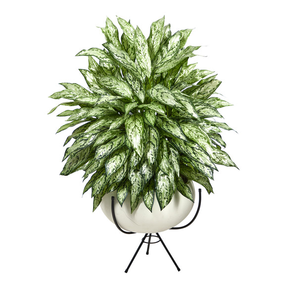 4 Silver Queen Artificial Plant in White Planter with Metal Stand - SKU #P1582