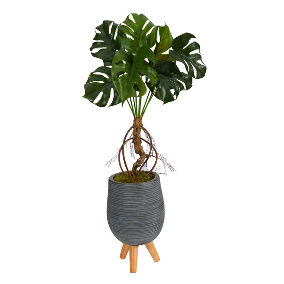3 Monstera Artificial Arrangement in Gray Planter with Stand - SKU #P1607