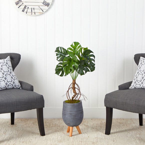 3 Monstera Artificial Arrangement in Gray Planter with Stand - SKU #P1607 - 2