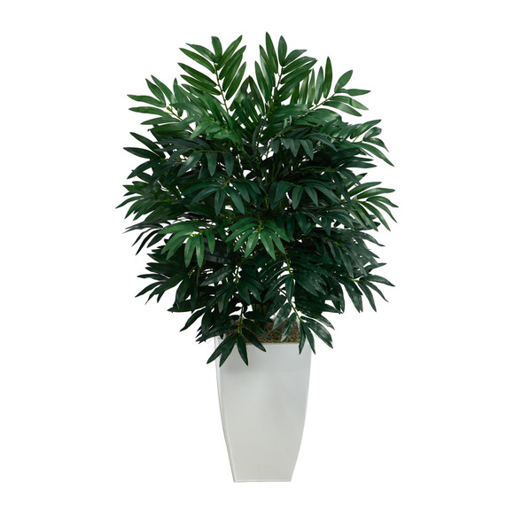 3 Bamboo Palm Artificial Plant in White Metal Planter - SKU #P1611