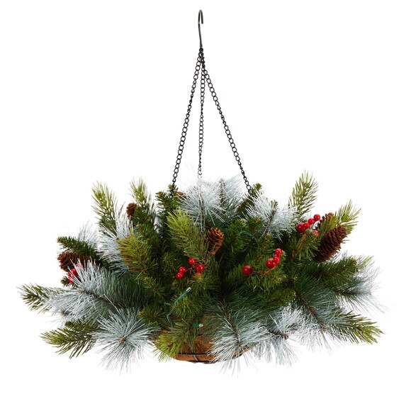 24 Holiday Pre-Lit 30 LED Lights Pine and Berries Hanging Basket - SKU #P1810 - 2