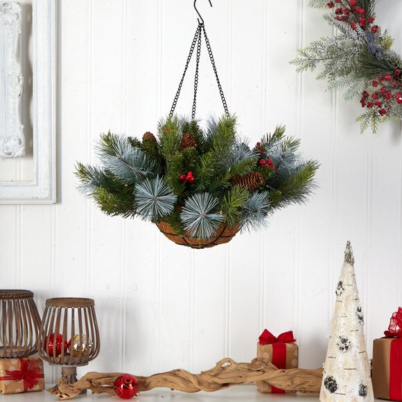 24 Holiday Pre-Lit 30 LED Lights Pine and Berries Hanging Basket - SKU #P1810 - 3