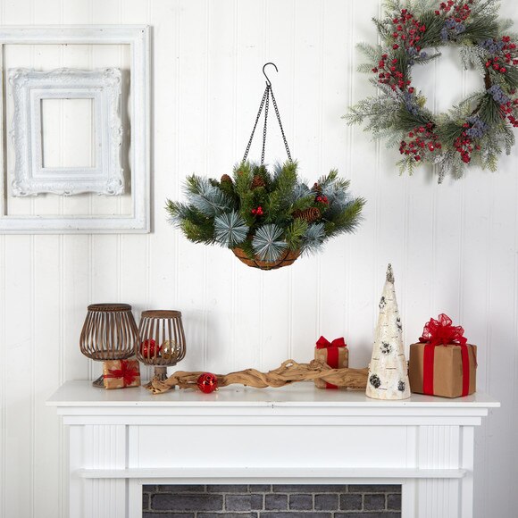 24 Holiday Pre-Lit 30 LED Lights Pine and Berries Hanging Basket - SKU #P1810 - 4