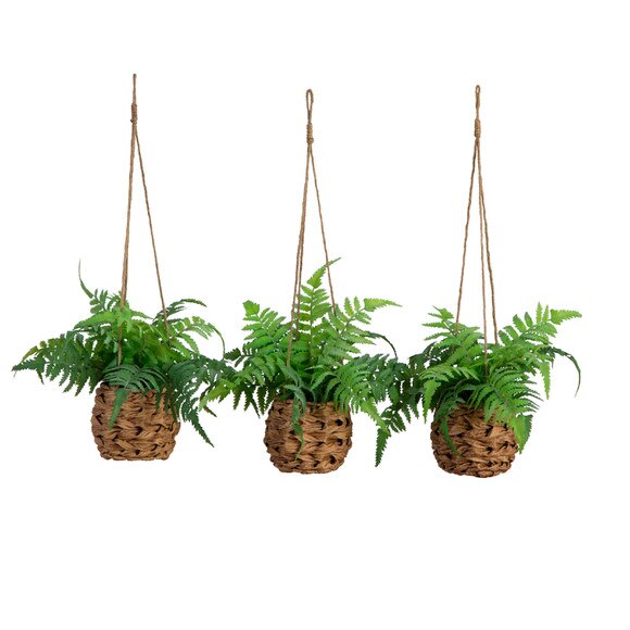 10 UV Resistant Artificial Boston Fern in Hanging Wicker Basket Indoor/Outdoor - Set of 3 - SKU #P2010-S3