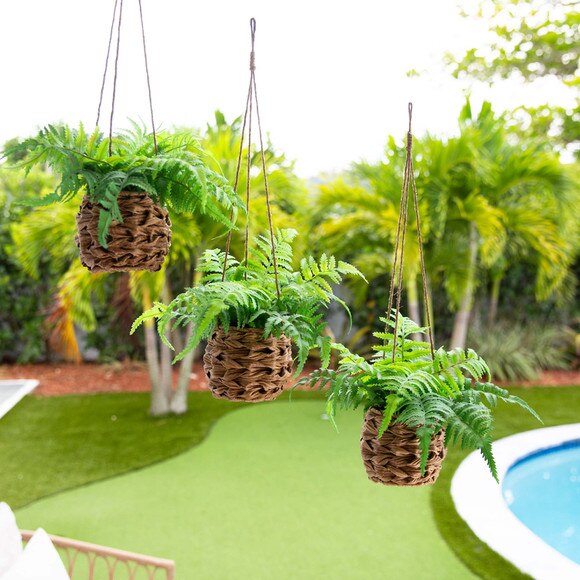 10 UV Resistant Artificial Boston Fern in Hanging Wicker Basket Indoor/Outdoor - Set of 3 - SKU #P2010-S3 - 10