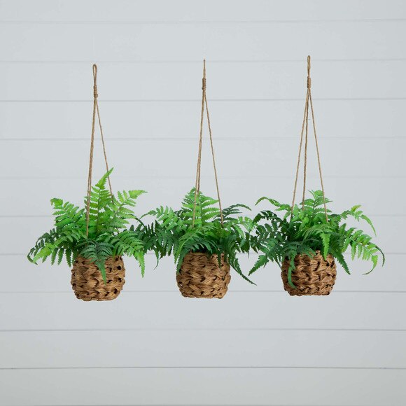 10 UV Resistant Artificial Boston Fern in Hanging Wicker Basket Indoor/Outdoor - Set of 3 - SKU #P2010-S3 - 12