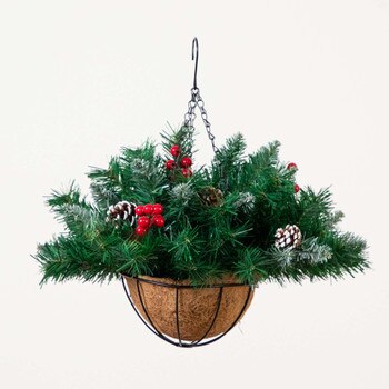 16 Pre-Lit Artificial Pine Berry Hanging Basket with White LED Lights - SKU #P2039