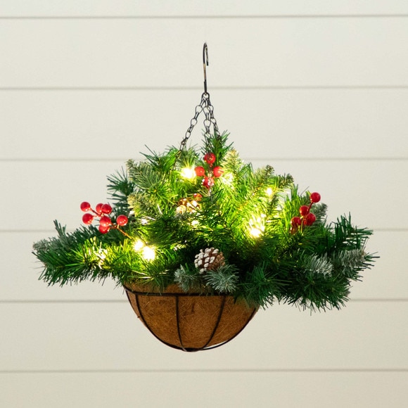 16 Pre-Lit Artificial Pine Berry Hanging Basket with White LED Lights - SKU #P2039 - 4