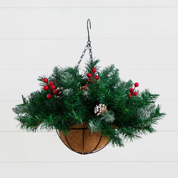16 Pre-Lit Artificial Pine Berry Hanging Basket with White LED Lights - SKU #P2039 - 5