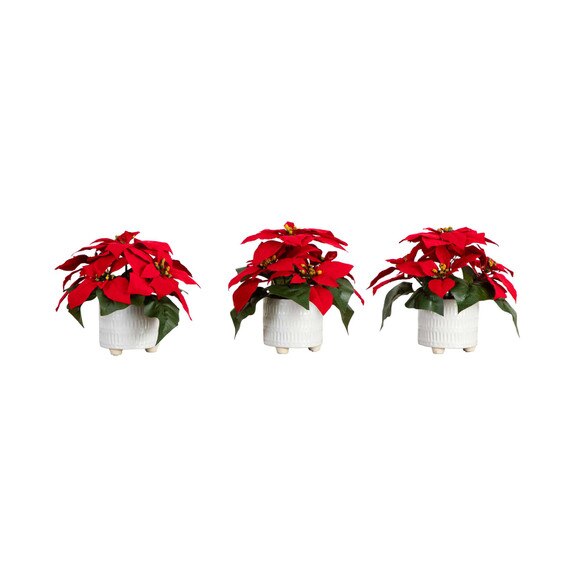 9 Artificial Poinsettia Arrangements in White Ceramic Pots - Set of 3 - SKU #P2040-S3