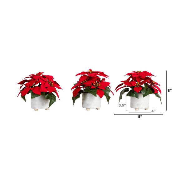 9 Artificial Poinsettia Arrangements in White Ceramic Pots - Set of 3 - SKU #P2040-S3 - 1