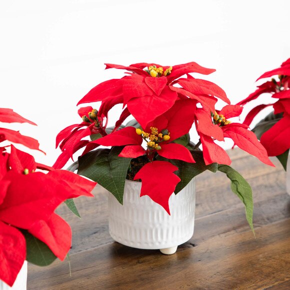 9 Artificial Poinsettia Arrangements in White Ceramic Pots - Set of 3 - SKU #P2040-S3 - 3