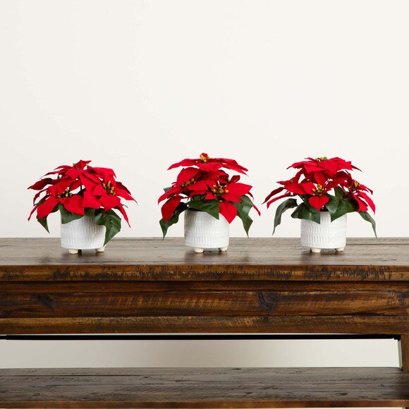 9 Artificial Poinsettia Arrangements in White Ceramic Pots - Set of 3 - SKU #P2040-S3 - 4