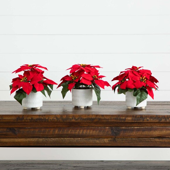 9 Artificial Poinsettia Arrangements in White Ceramic Pots - Set of 3 - SKU #P2040-S3 - 5