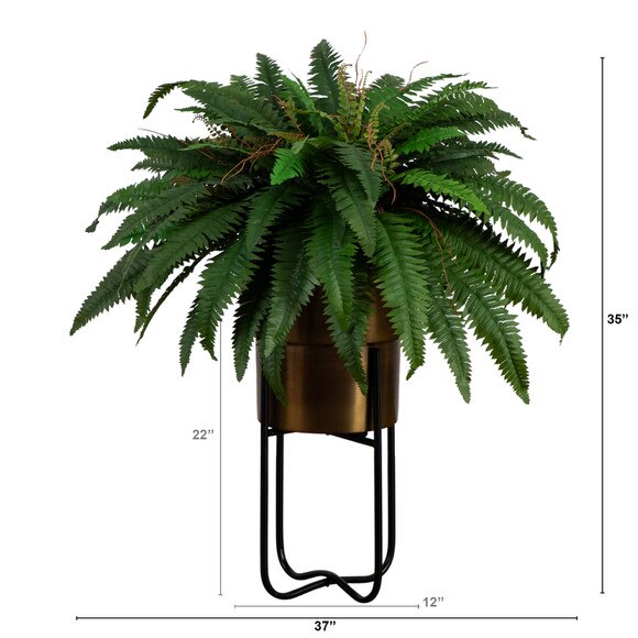 35 Artificial Boston Fern in Brass Metal Planter with Stand - SKU #P2045 - 1