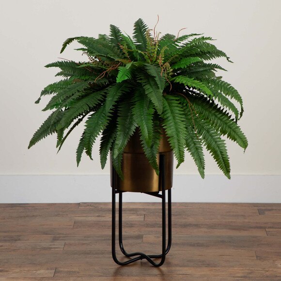 35 Artificial Boston Fern in Brass Metal Planter with Stand - SKU #P2045 - 5