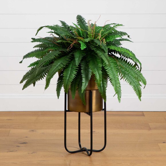 35 Artificial Boston Fern in Brass Metal Planter with Stand - SKU #P2045 - 7