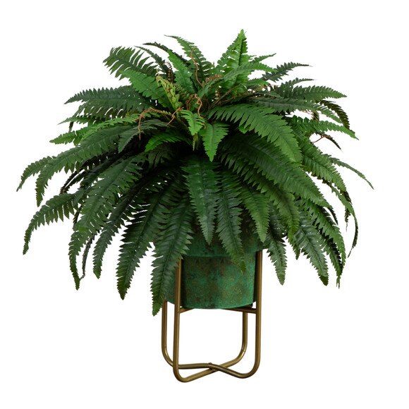 31 Artificial Boston Fern in Patina Metal Planter with Stand - SKU #P2046