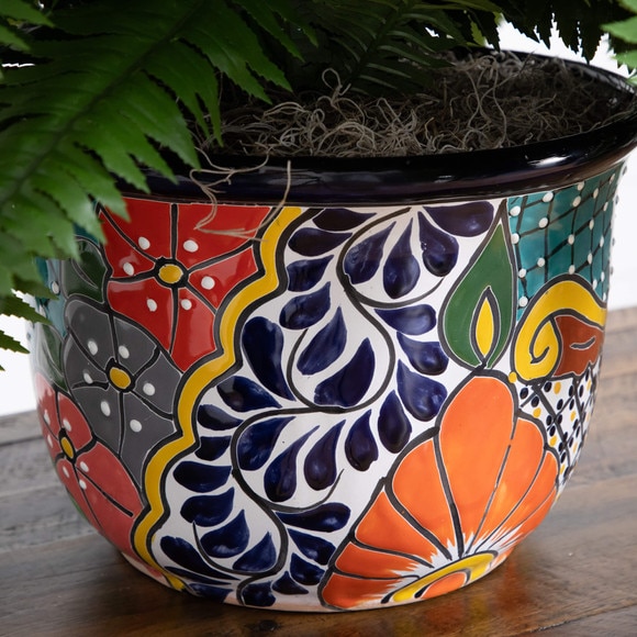 32 Artificial Double Boston Fern in Handmade Mexican Talavera Ceramic Planter - SKU #P2193 - 3