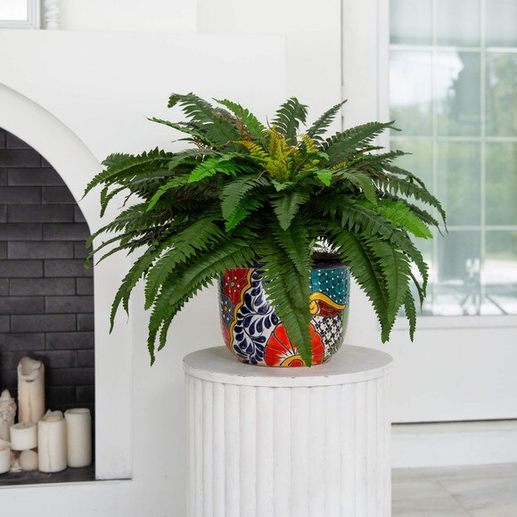 32 Artificial Double Boston Fern in Handmade Mexican Talavera Ceramic Planter - SKU #P2193 - 4