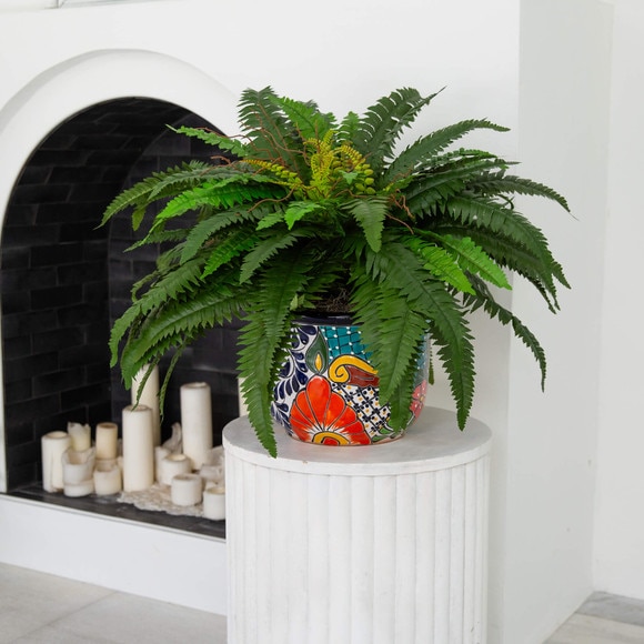 32 Artificial Double Boston Fern in Handmade Mexican Talavera Ceramic Planter - SKU #P2193 - 5